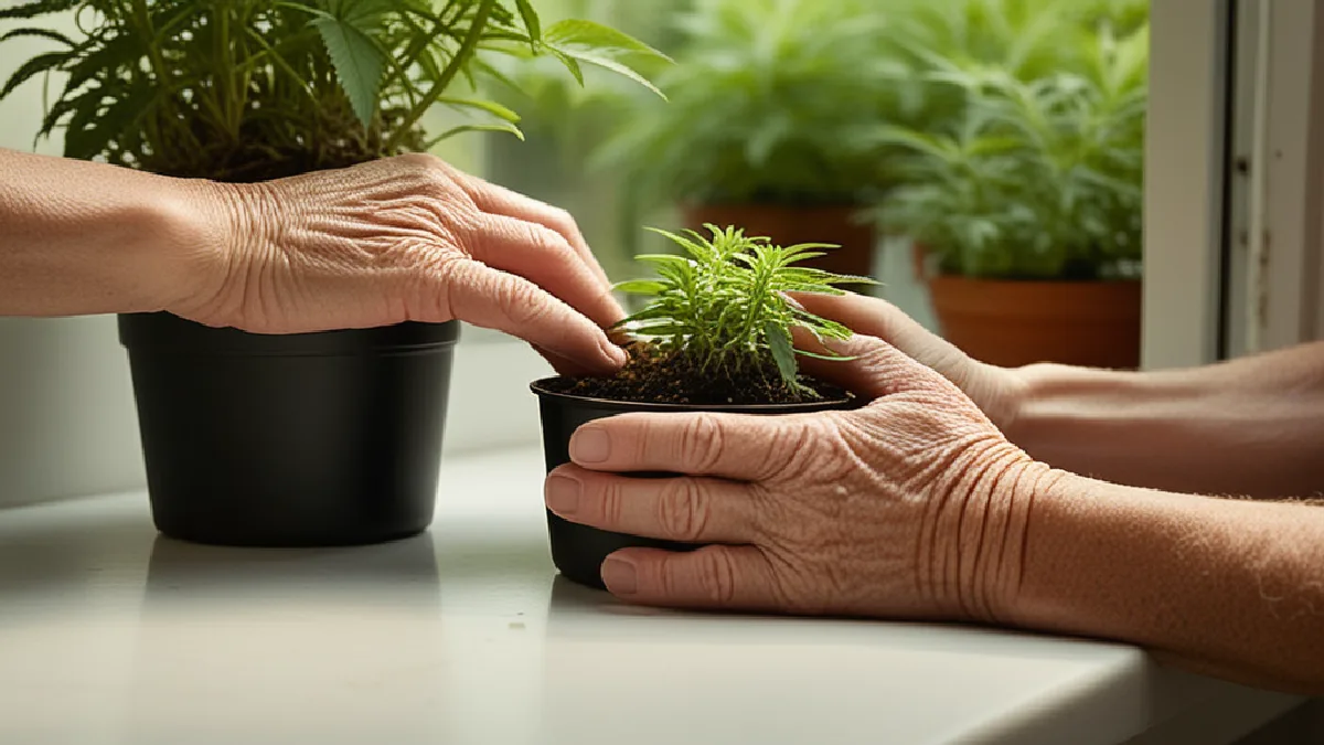 Manos de distintas generaciones cuidan una planta de cannabis, evocando la larga historia del acceso centrado en los pacientes.