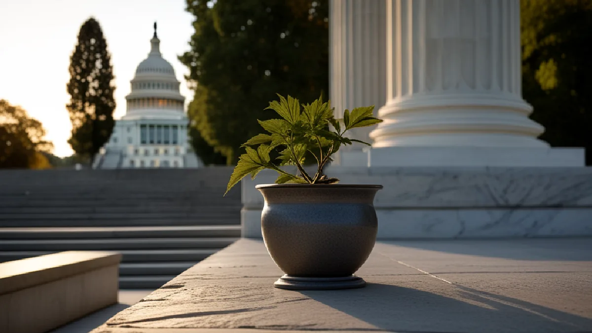 A cannabis plant stands before the U.S. Capitol, evoking the national debate over federal marijuana regulation.