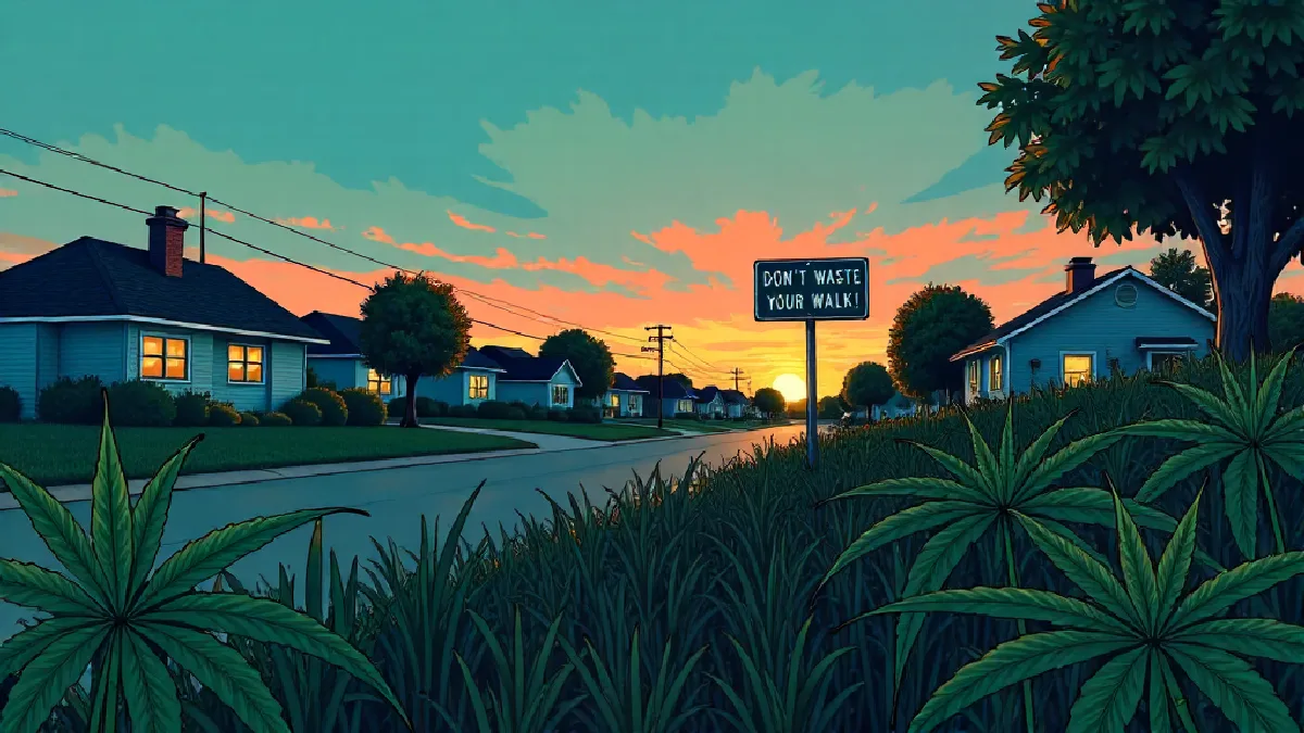 An empty dusk road near Delaware evokes shoppers crossing state lines for broader cannabis access.