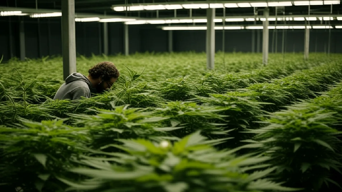 A worker tends cannabis plants in a controlled room, reflecting differing regional rules and regulated access.