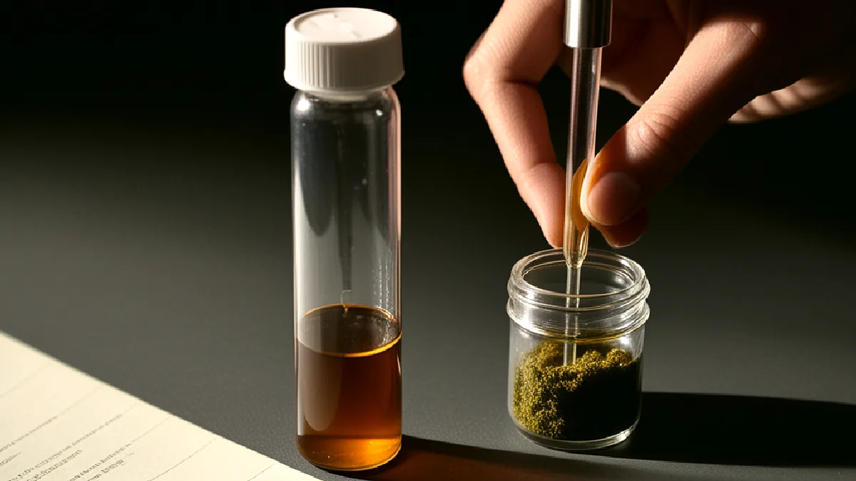 Gloved hands transfer cannabis extract into vials during analysis for contamination and potency risks.