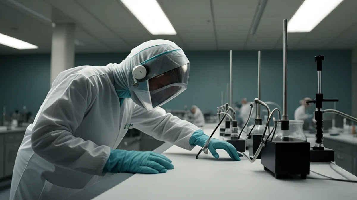 A faceless laboratory worker pauses beside testing equipment, evoking continuing oversight concerns at an Arizona lab.