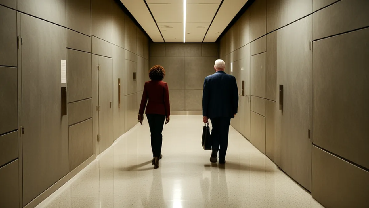 Figures approach a Los Angeles civic chamber, representing an emerging municipal cannabis policy debate.