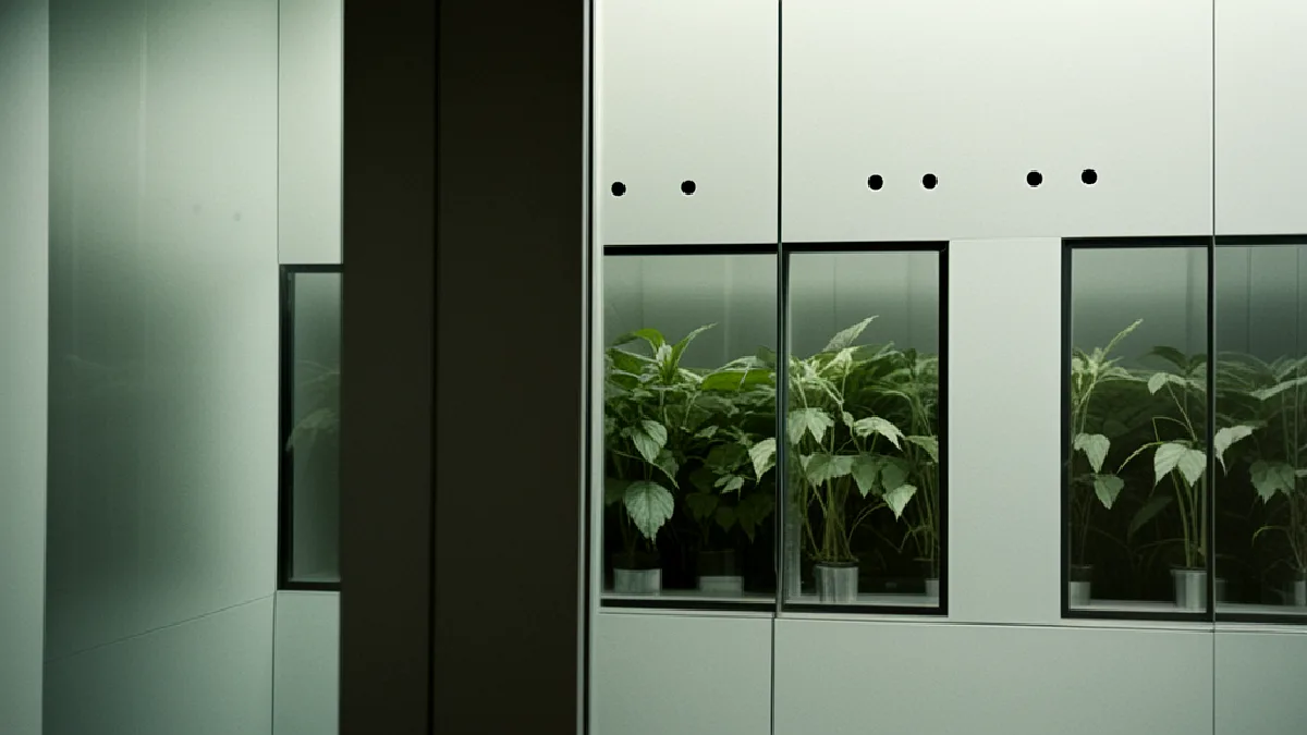 A cannabis plant sits behind glass, conveying uncertainty over adult-use access in Thailand.