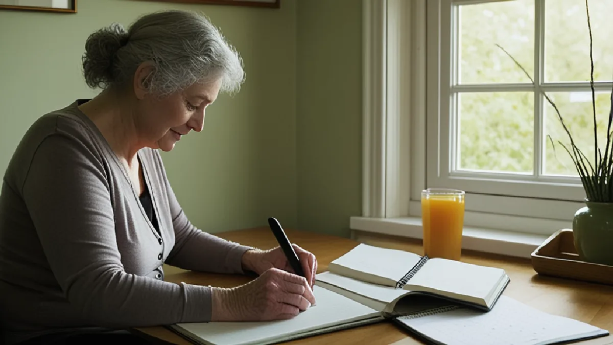 Caregiver organizes appointments and daily support tools at home beside a patient’s chair