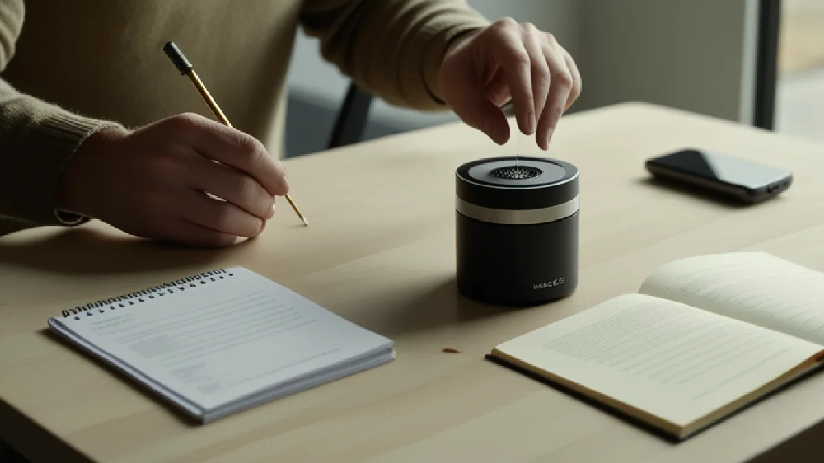 Hands prepare whole cannabis flower beside a compact vaporizer in a clean, contemporary workspace.