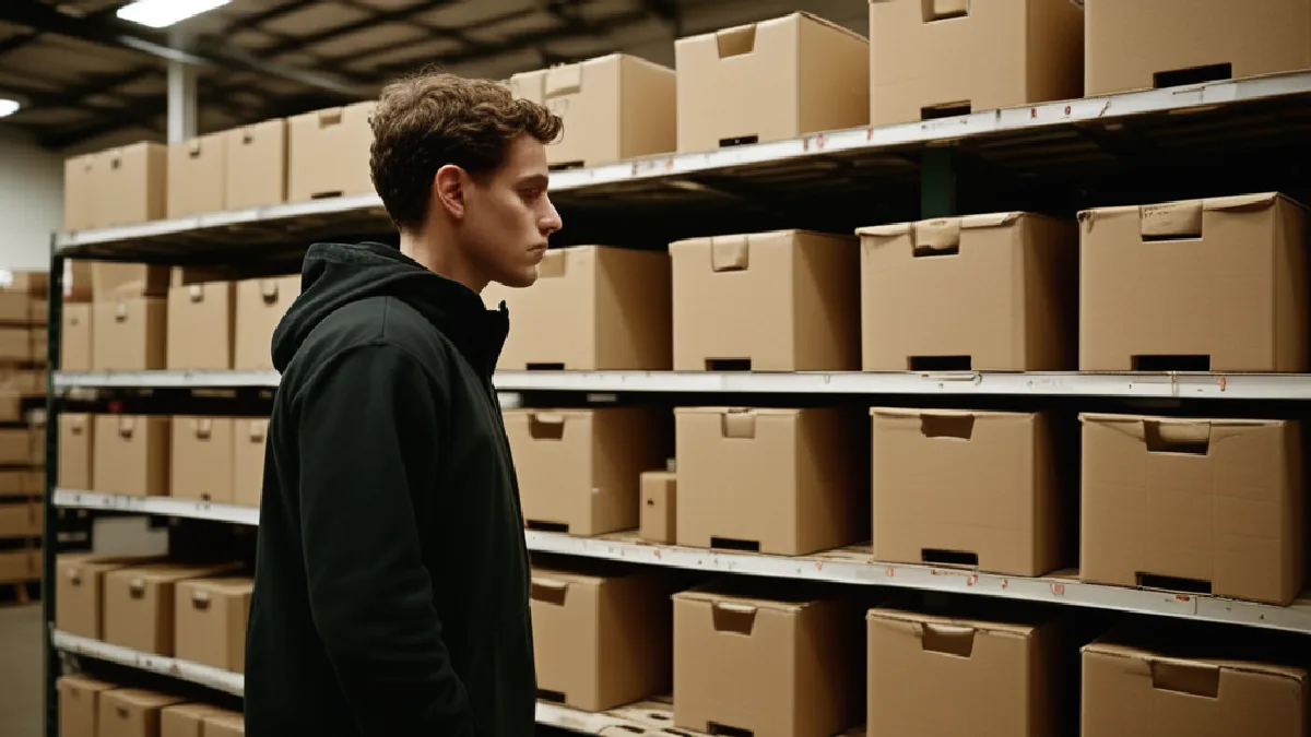 A silhouetted manager standing near stacked cardboard shipping boxes inside a quiet commercial receiving bay.