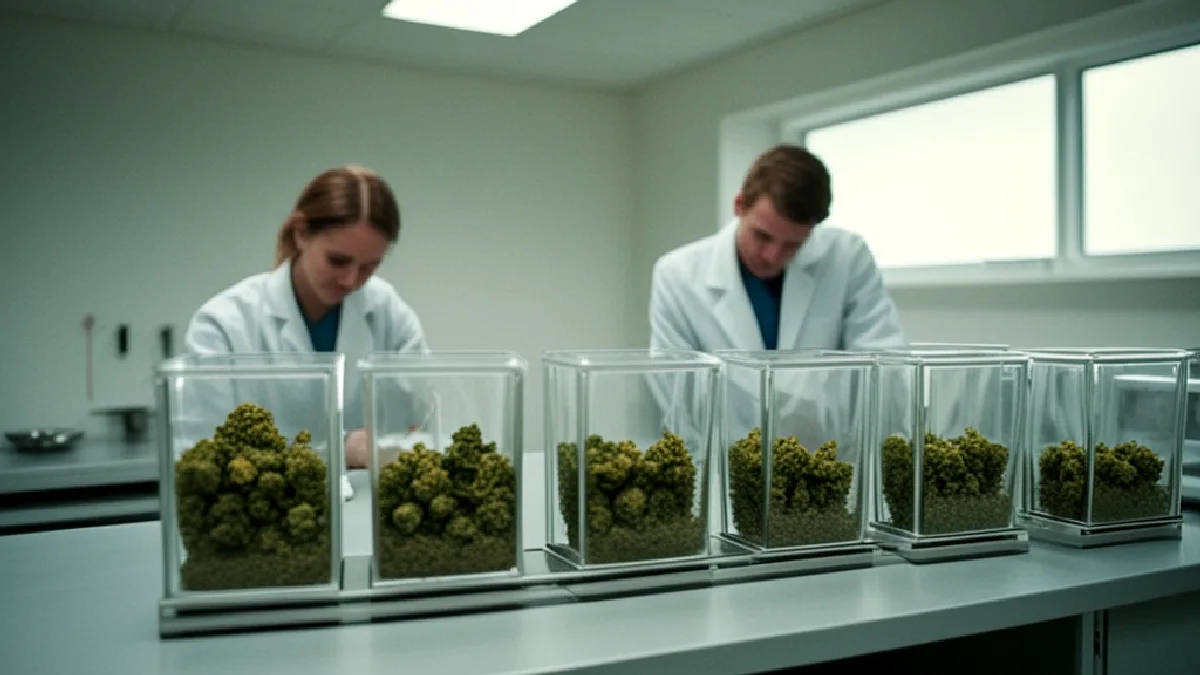 Faceless technicians inspect dried cannabis samples in a German laboratory after record quarterly imports.
