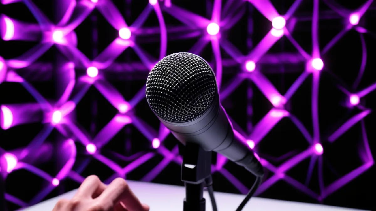 Des mains ajustent un microphone à côté de formes neuronales lumineuses, représentant la transformation de la parole en cinéma psychédélique par l’IA.