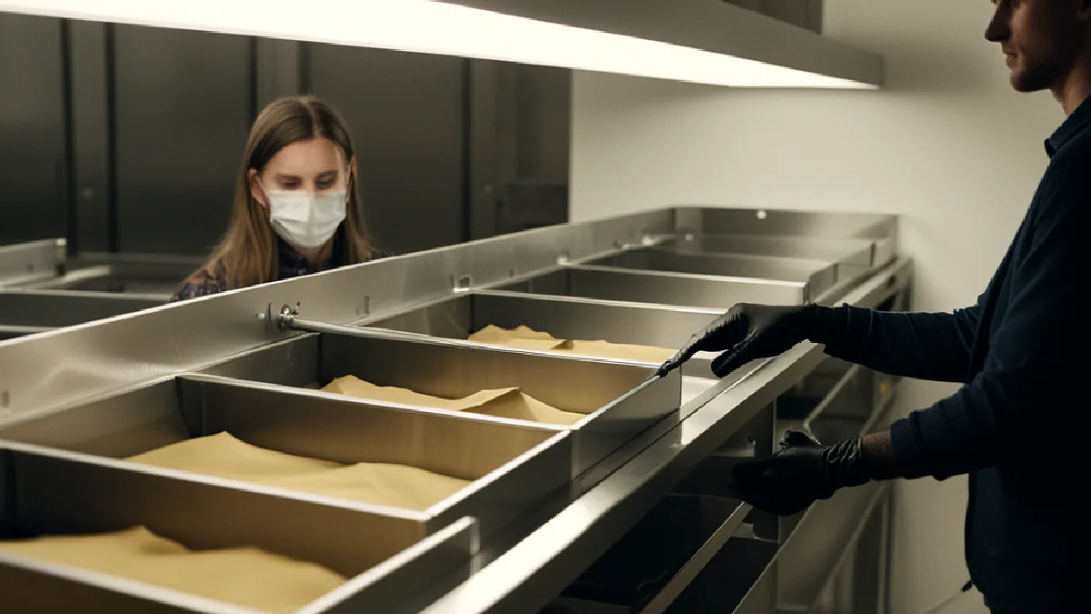 Faceless workers inspect and hand off sealed cannabis packages in a controlled fulfillment setting.