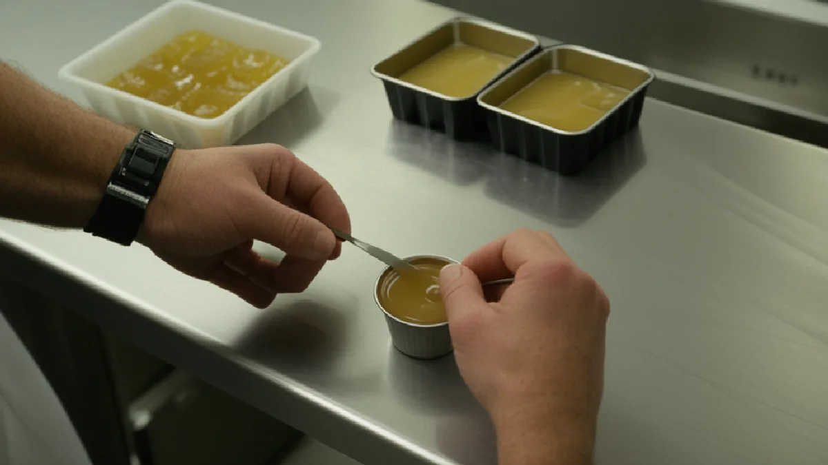 Hands arrange rosin beside confections and a drink, visualizing solventless extraction moving beyond niche concentrates.