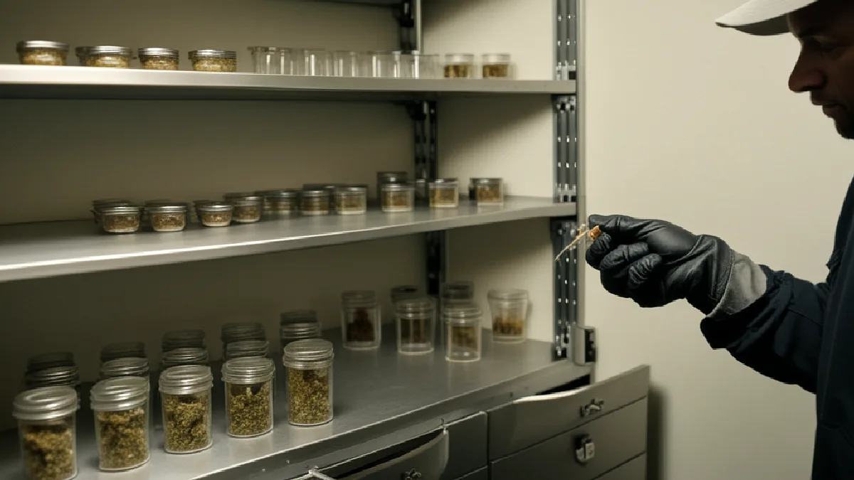 Gloved hands inspect unlabelled cannabis containers in a secure facility, illustrating operational readiness amid policy uncertainty.