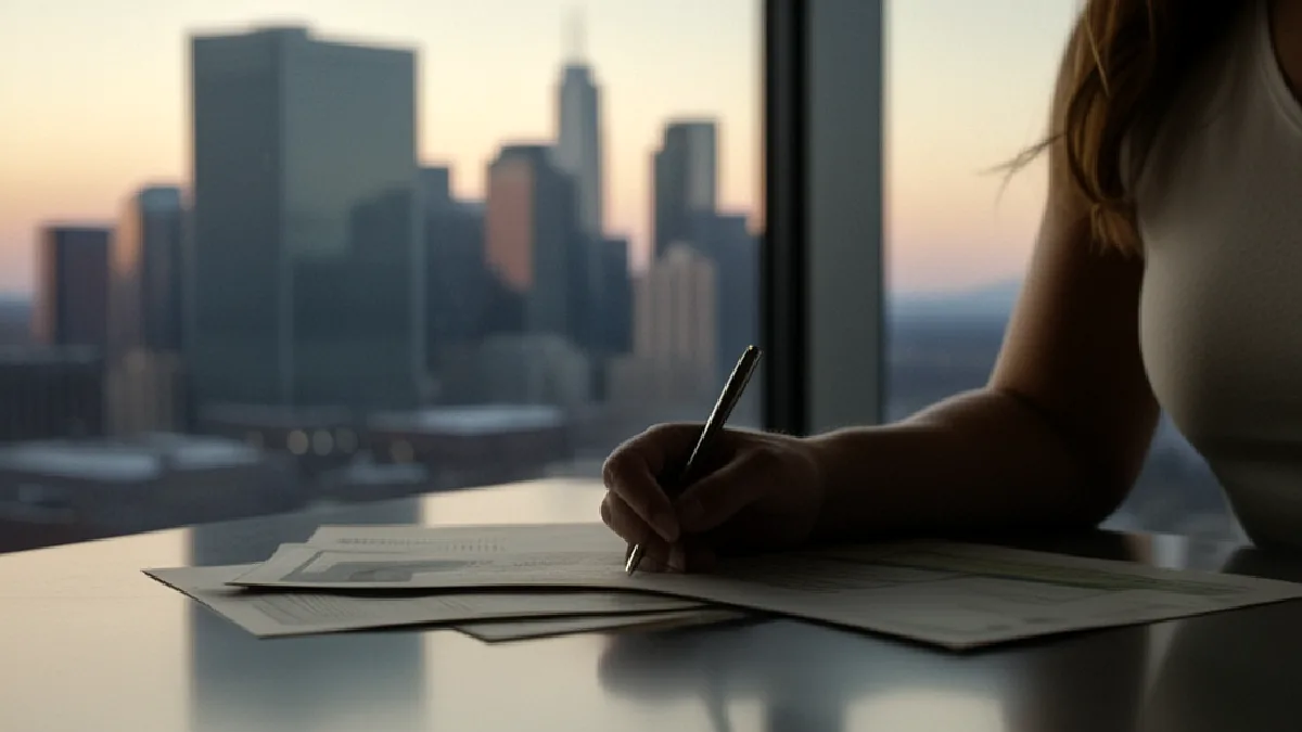 modern office interior at dusk with city skyline beyond the glass in Colorado, illustrating unpacking cross-border enforcement and legal friction