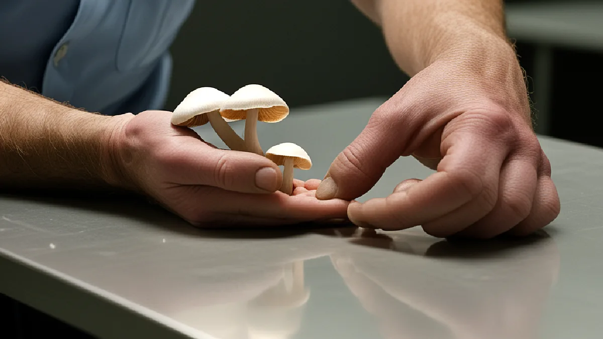 A gloved hand inspects a natural mushroom while a blurred official background suggests enforcement rather than legalization.