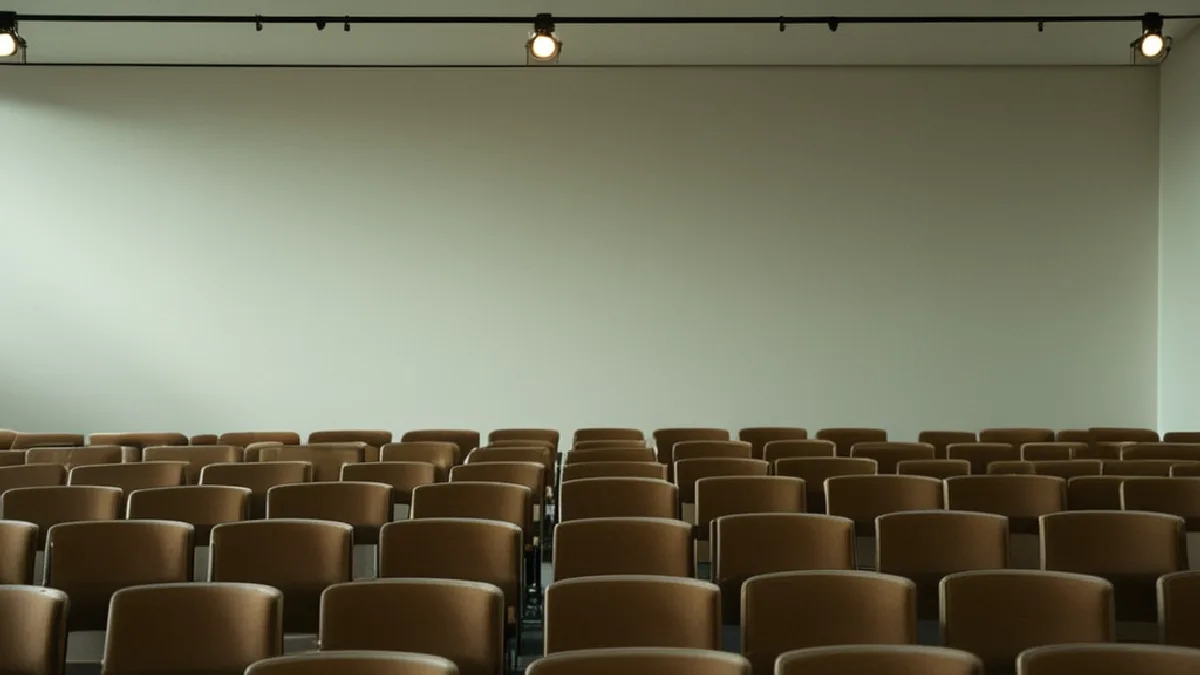 An empty conference platform and vacant chairs suggest who remains outside emerging psychedelic institutions.
