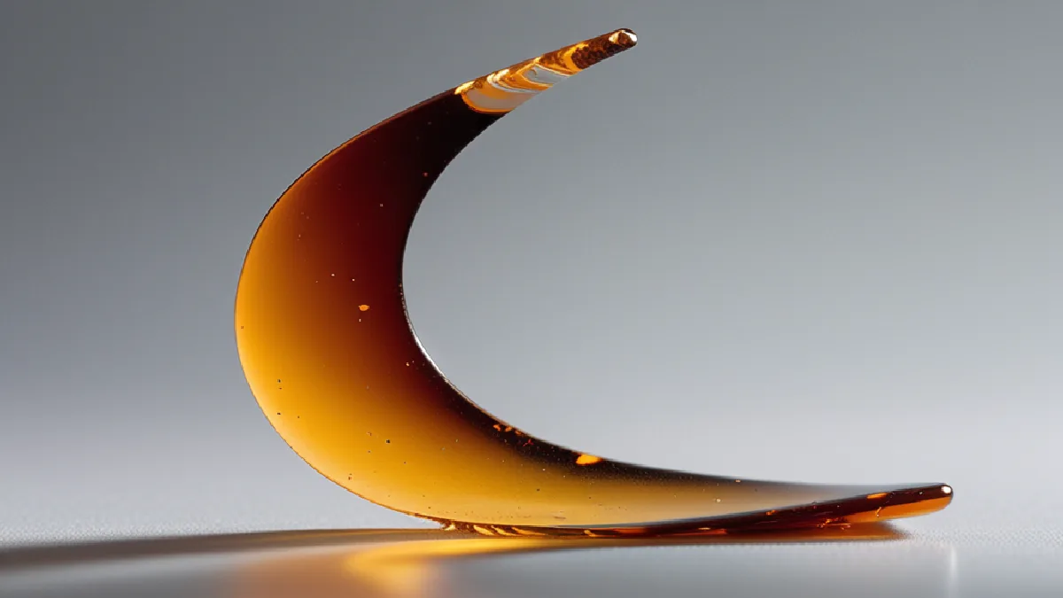 A translucent amber shatter sheet shows brittle glass-like edges and a clear concentrated structure.