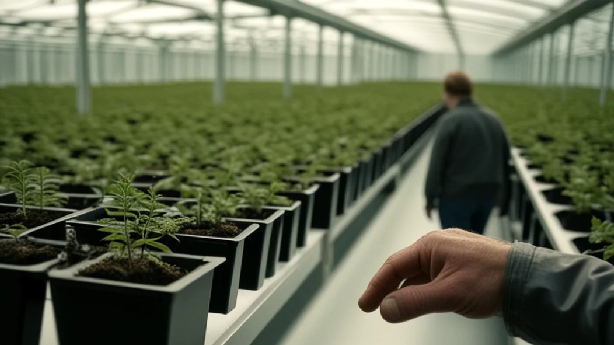 Une personne marche dans une allée à l'intérieur d'une grande serre remplie de rangées de petites plantes en pot, avec une main tendant vers le premier plan.