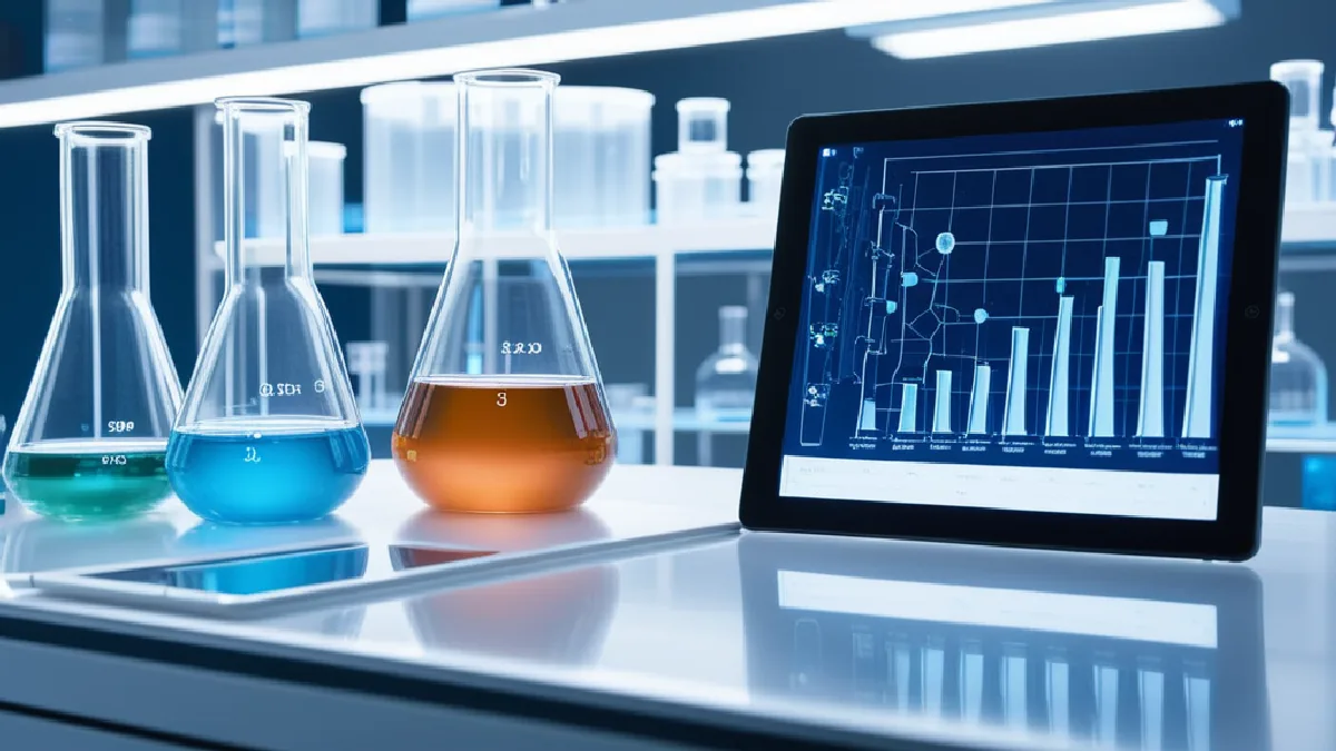 Glassware containing green botanical extract next to scientific data screens, representing research into therapeutic applications.