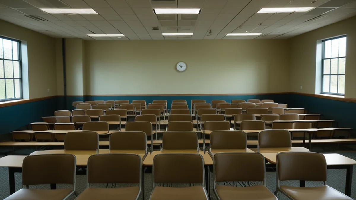 An empty Oregon meeting room evokes the paused fee proposal and the next stage of rulemaking.