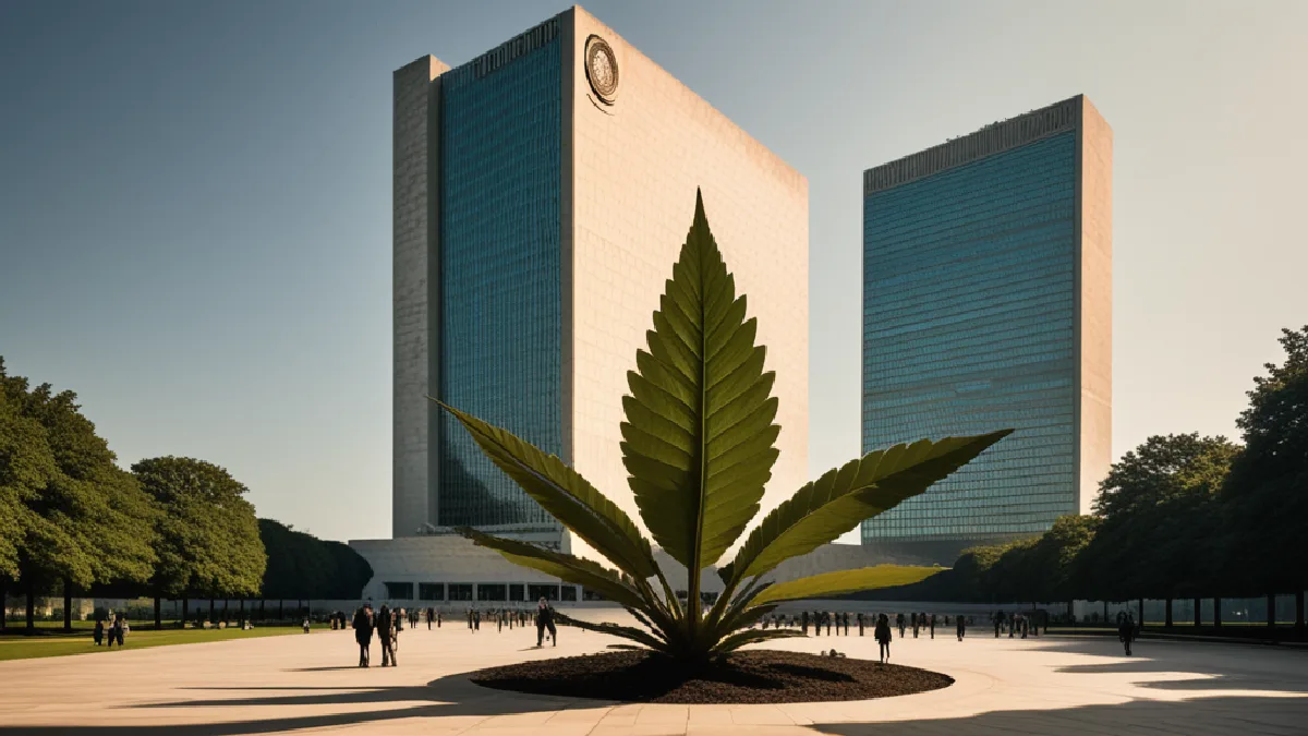 A cannabis plant stands before United Nations architecture, visualizing the treaty debate over domestic medical controls.