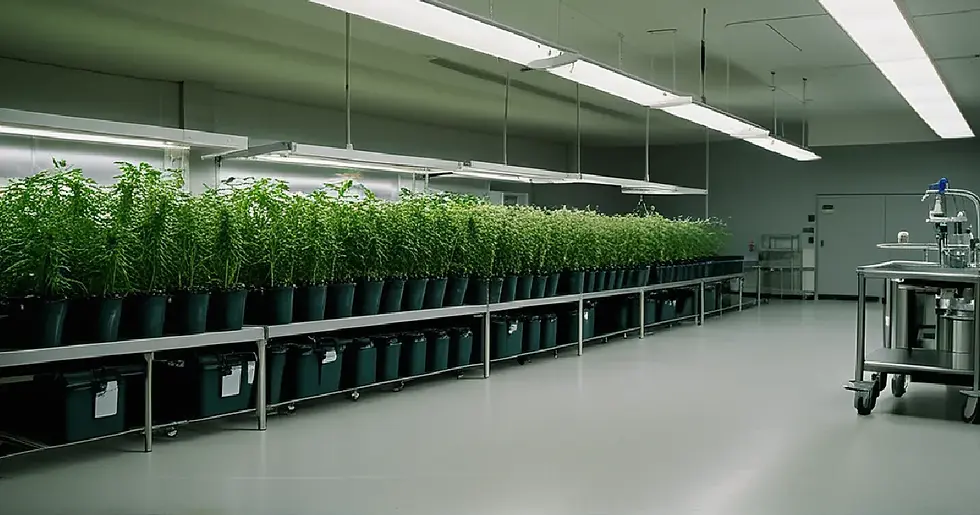 Flowering cannabis plant beside clinical equipment represents national standards for patient-focused medical cannabis policy.