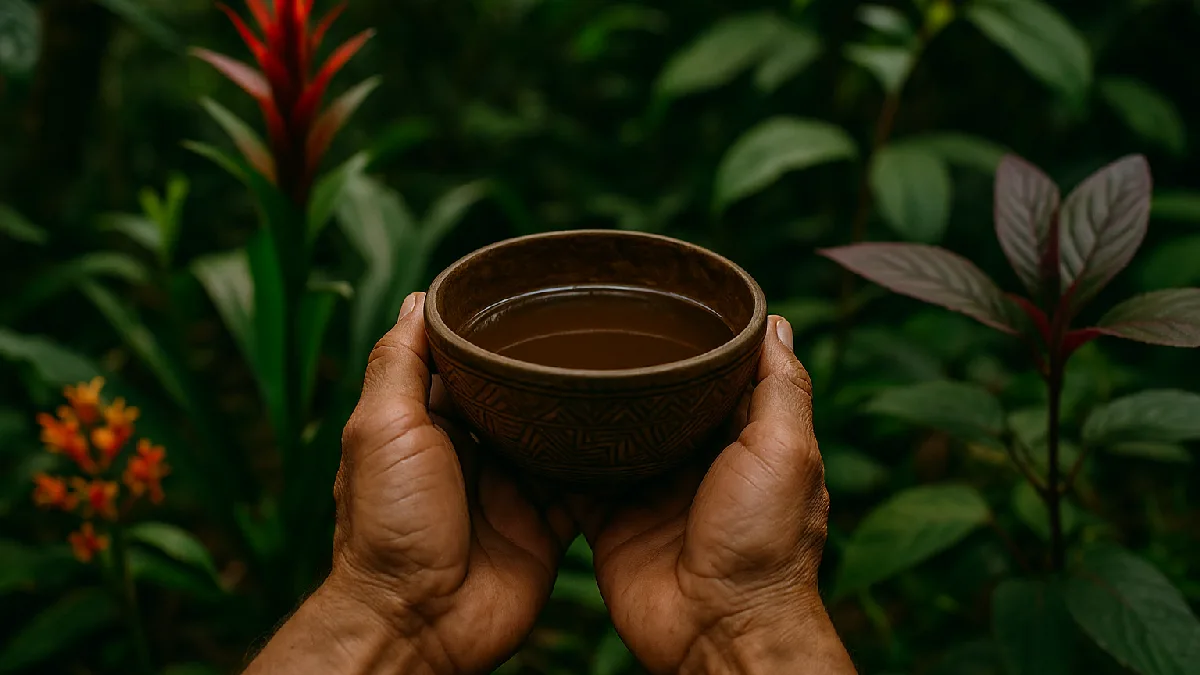 Hands holding a ceremonial ayahuasca cup amidst lush plants, representing the deep connection to ancestral knowledge.