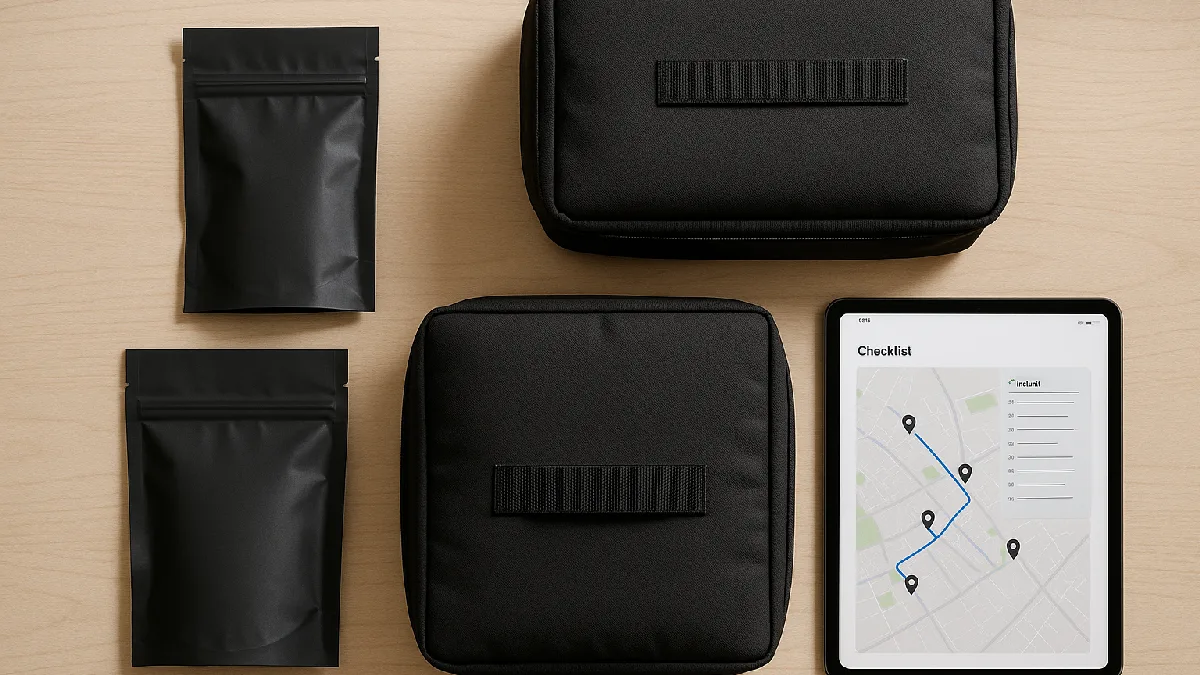 Child-resistant packaging bags and insulated delivery pouches arranged with a tablet showing route logistics on a desk.