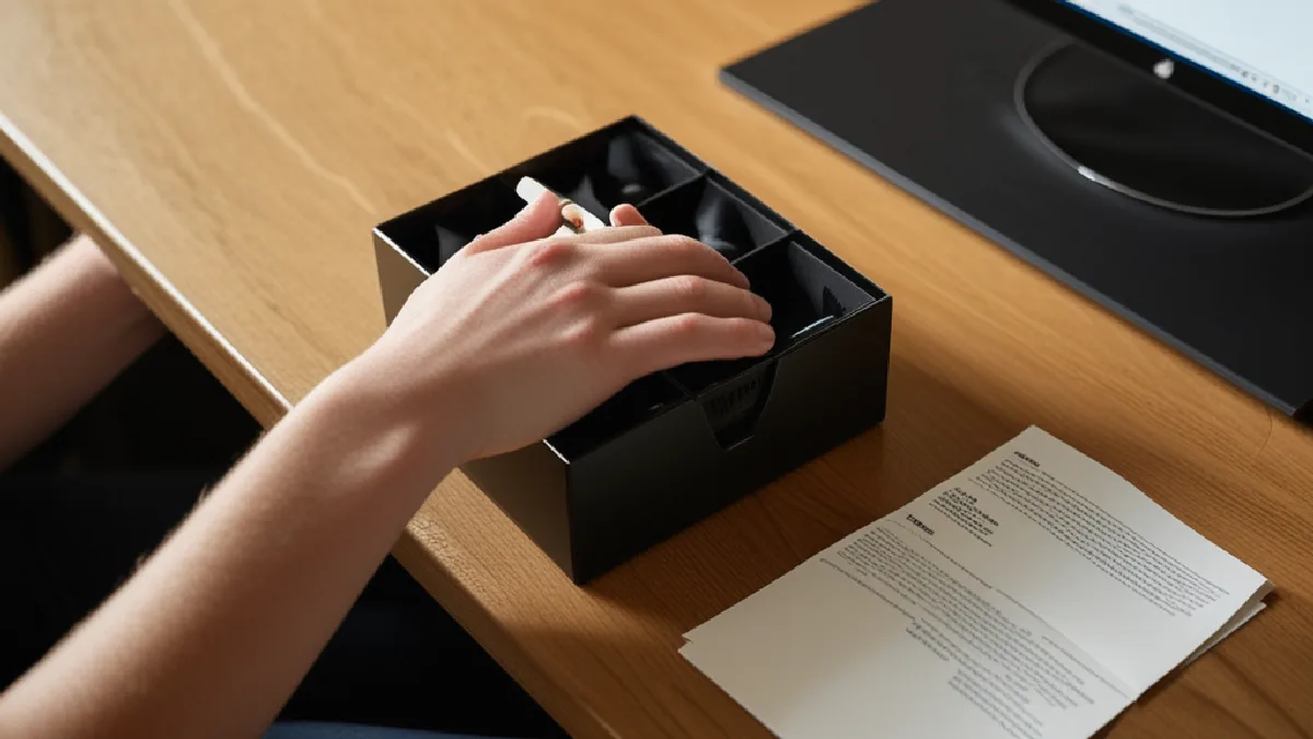 Hands placing a sleek matte-black lockbox onto a wooden table in a softly lit room.