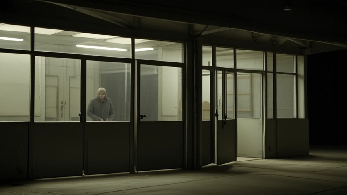 A person in a hooded jacket stands inside a brightly lit building with glass doors, looking out into the dark.