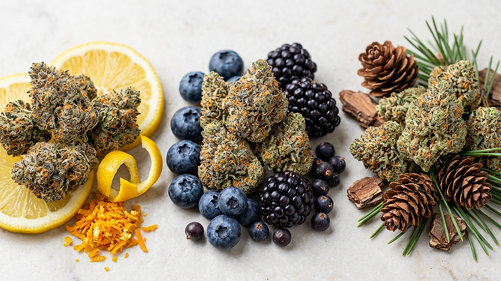 Cadillac Rainbow terpenen visueel: kleurrijke cannabistoppen met citrusvruchten en bessen die het aromatische profiel van de wietsoort illustreren
