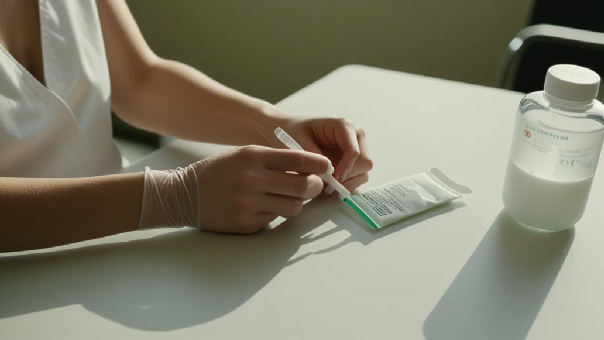 Gloved hands prepare an unlabelled injection setup beside a therapy chair for a proposed postpartum treatment study.