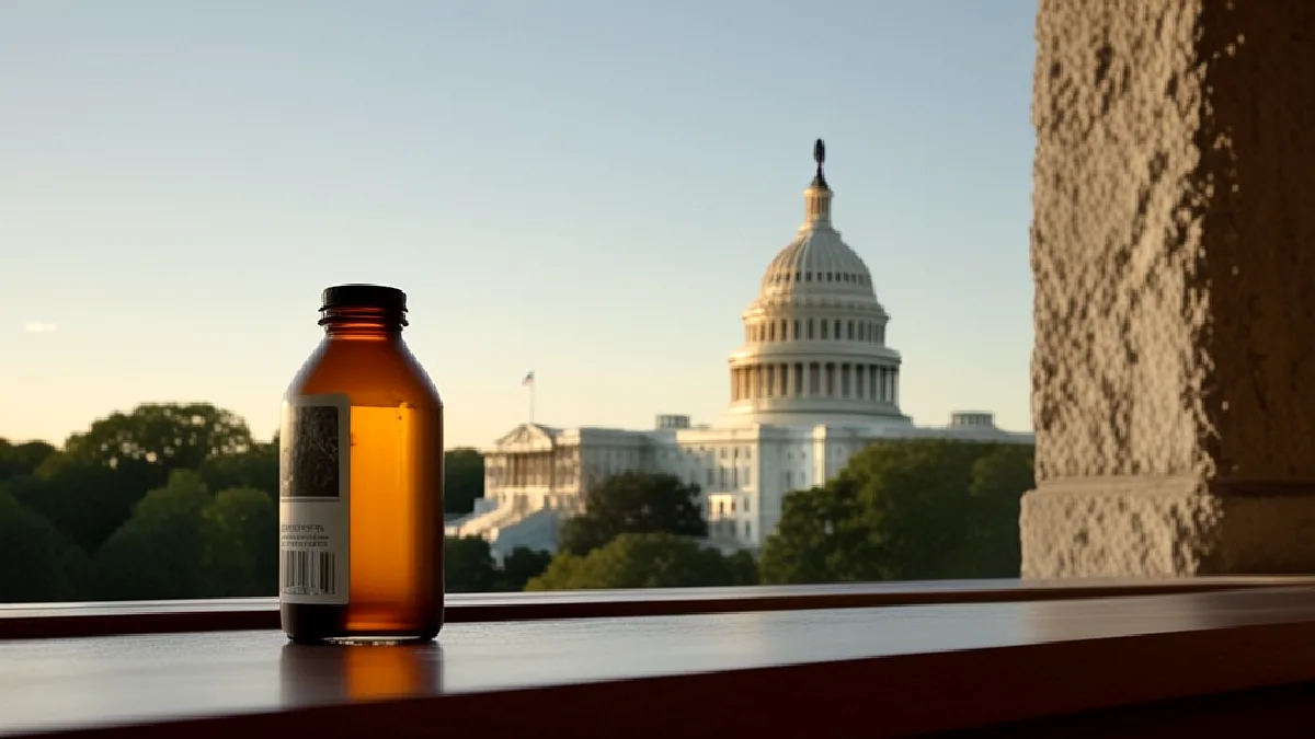 Le Capitole des États-Unis se dresse derrière une boisson au chanvre sans étiquette, illustrant le changement fédéral visant les boissons contenant du THC.