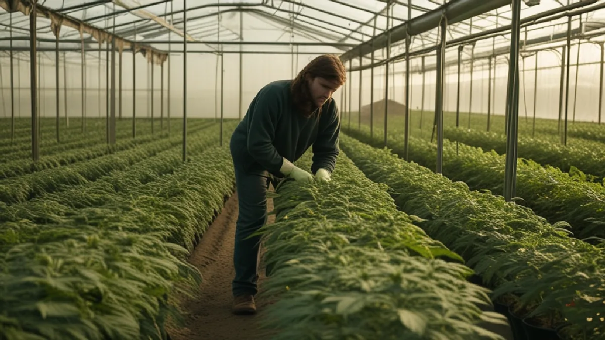 Careful hands inspect cannabis plants in a greenhouse, visualizing stewardship beyond marketing claims.