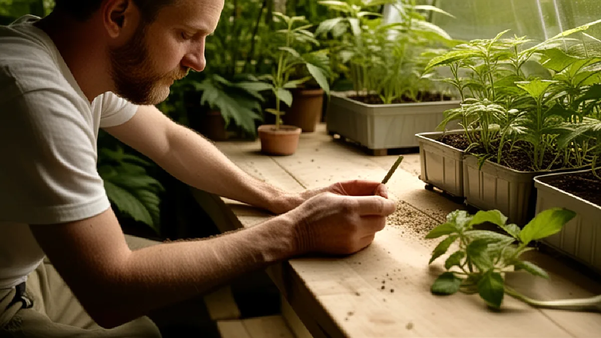 Gloved hands tend flowering cannabis plants in a private Virginia greenhouse, reflecting legal home cultivation.