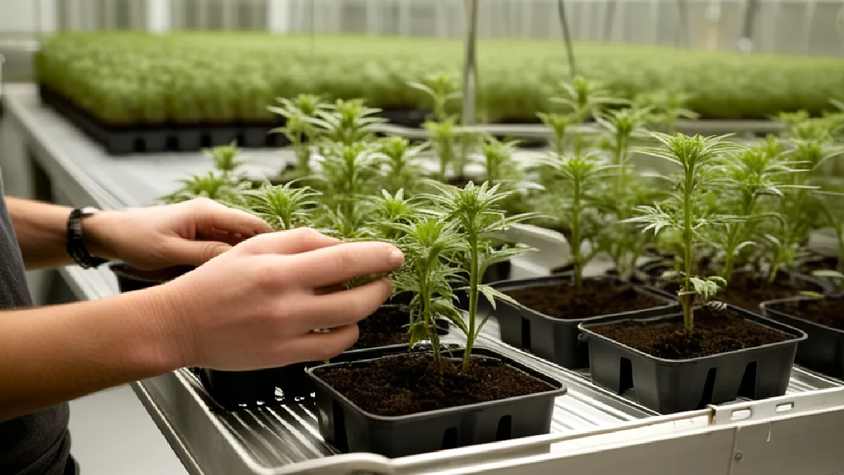 Gloved hands inspect immature cannabis plants, highlighting Greenline Pajaro’s cultivation-focused retail menu.