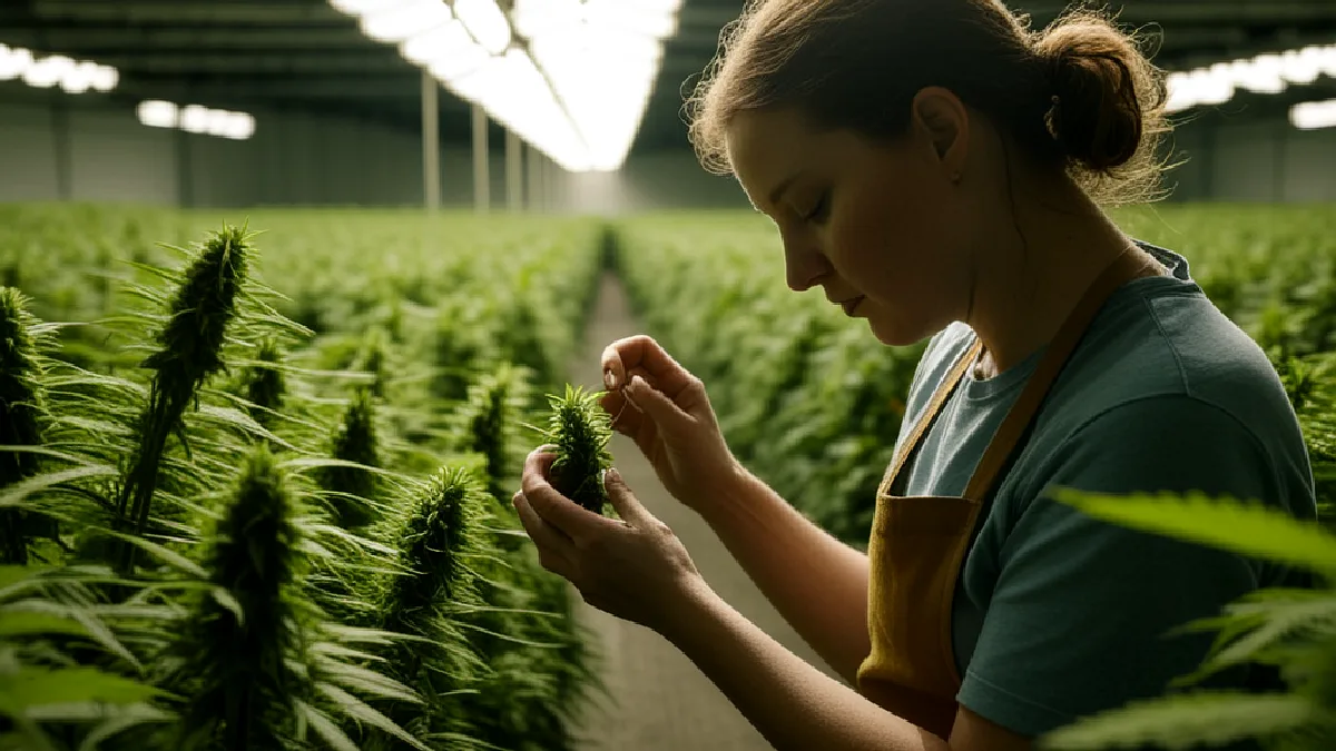 A worker tends a dense Washington cannabis canopy, representing sustained demand in a mature regulated market.
