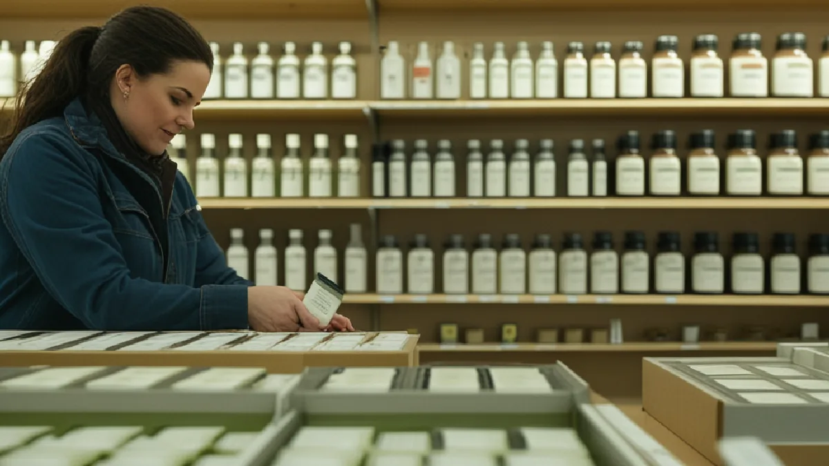 Accessible Canadian cannabis retail interior showing stocked counters and hands arranging products.