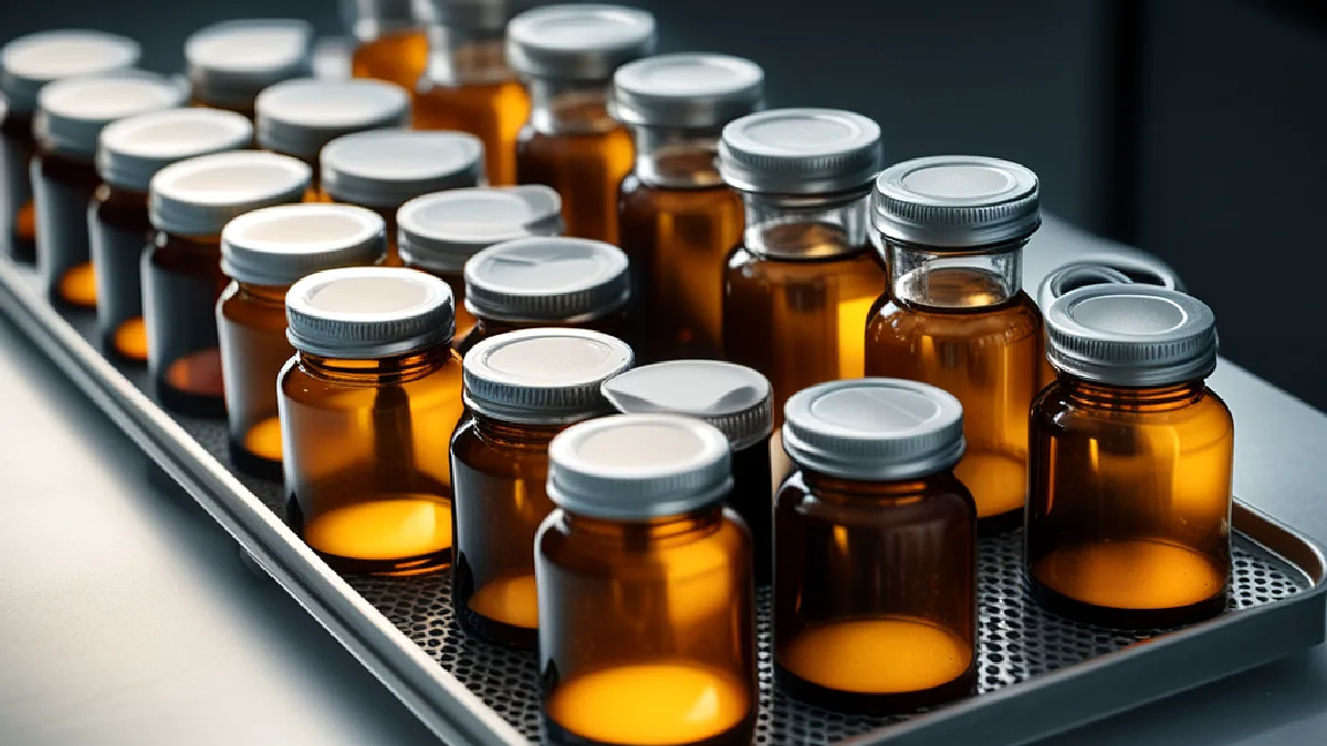 Gloved hands move amber terpene bottles through controlled storage, illustrating consistency in cannabis product supply chains.