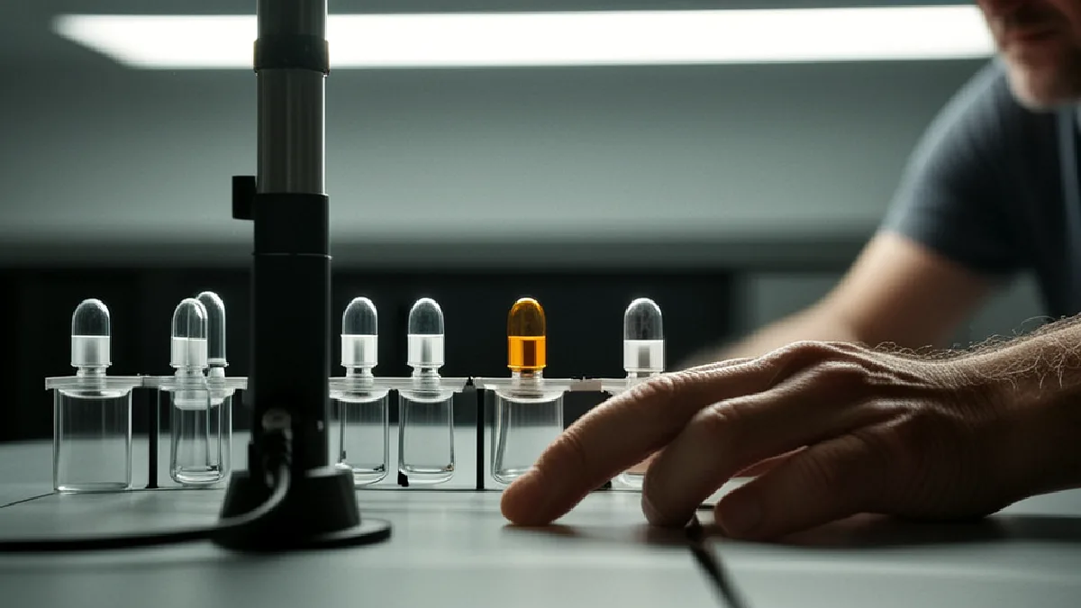 Researchers calibrate breath-analysis equipment beside reference vials, representing the next steps toward reliable THC testing.