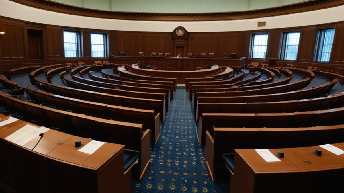 An empty legislative hearing room evokes upcoming briefings and policy debates about federal youth-use findings.