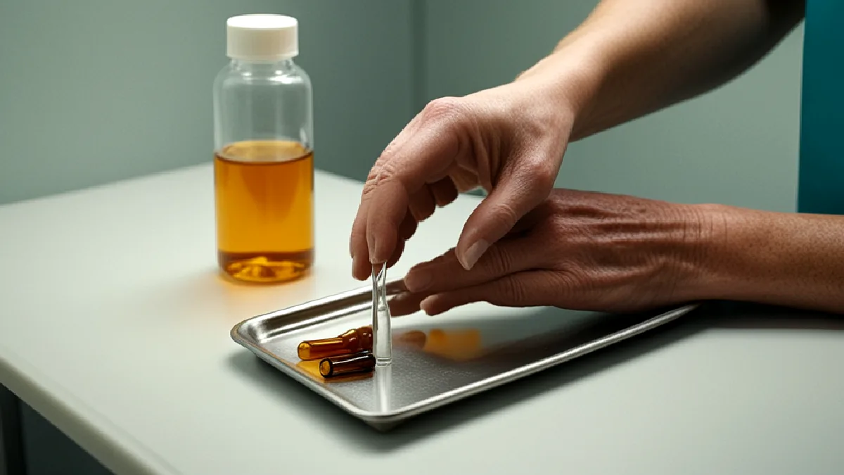 Gloved hands handle an unlabelled amber vial in a clinical room, representing the refiling of an MDMA therapy application.