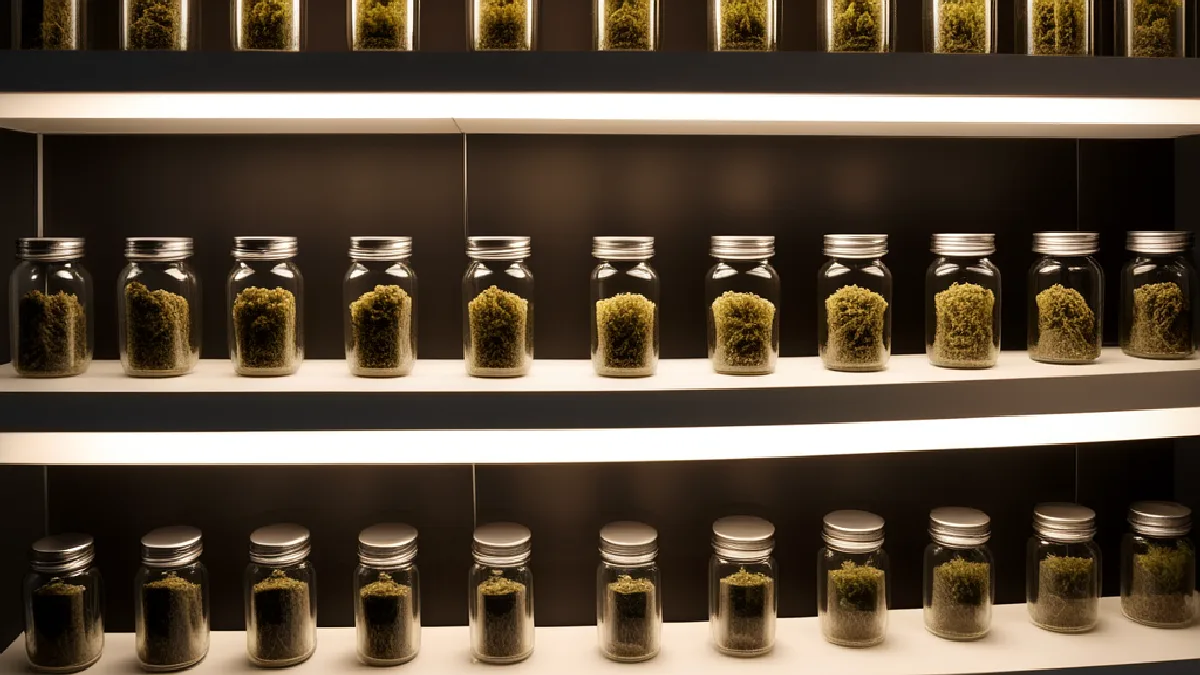 Manos enguantadas acomodan flores de cannabis en la exhibición de un dispensario con licencia, relacionada con el hito de ventas reportado por Nueva York.