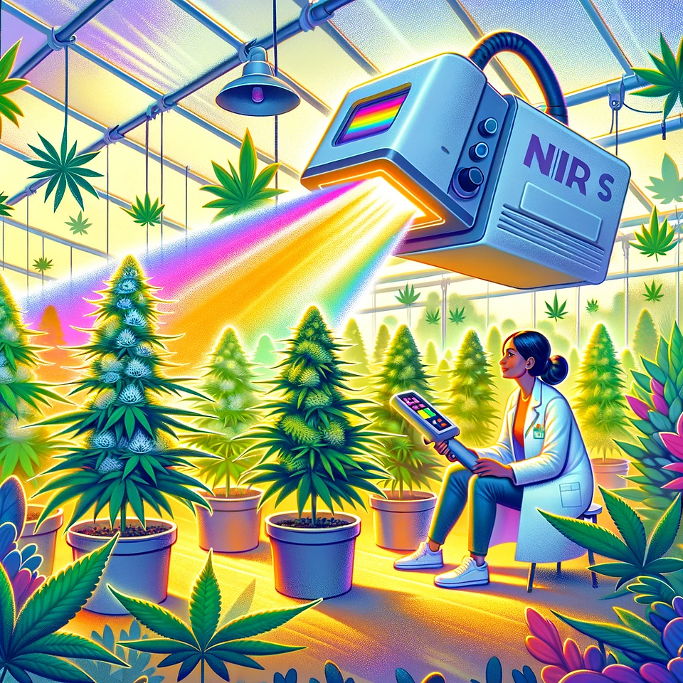 a vibrant and colorful greenhouse filled with mature cannabis plants. A researcher or technician is using a futuristic-looking handheld device, possibly for scanning or measuring specific plant properties. An overhead device, labeled "NIRS" (which stands for Near-Infrared Spectroscopy), emits a spectrum of light onto the plants. NIRS is a technique often used in agriculture to rapidly measure properties like moisture, protein, and fat in crops. In this context, it might be used to gauge the potency or other characteristics of the cannabis plants.