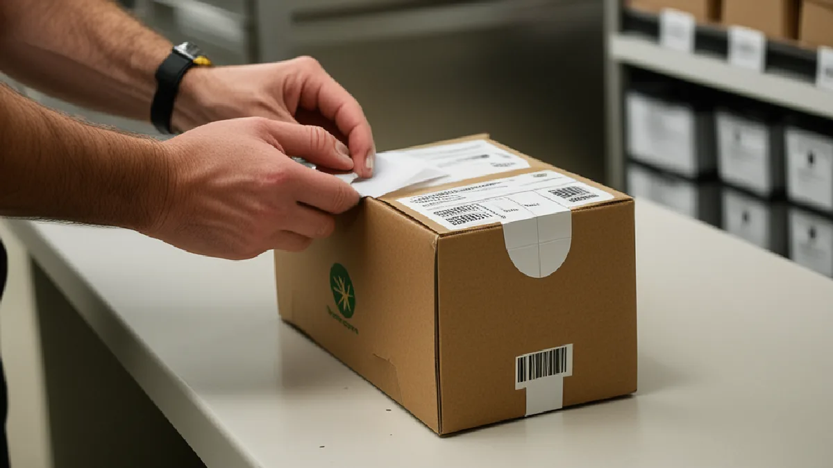 Gloved hands inspect sealed packaging and scanning equipment in a regulated cannabis dispatch workspace.