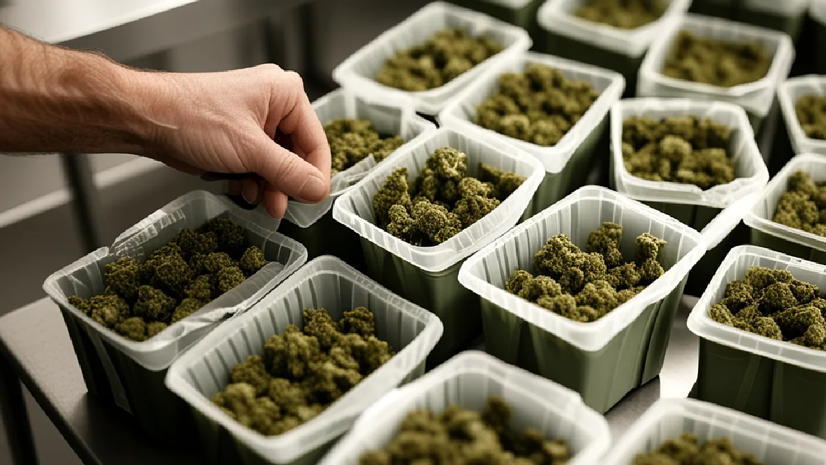 Gloved workers organize unlabelled cannabis orders in a fulfillment room, illustrating delivery scale and operational pressure.