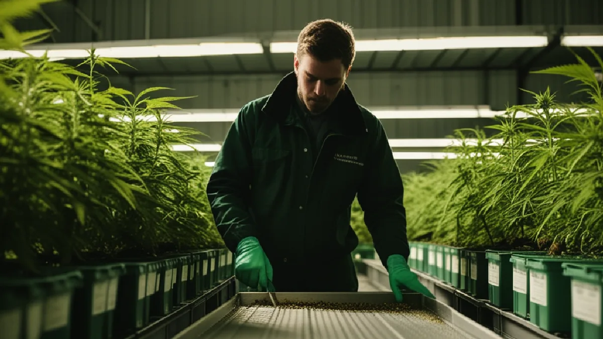 Gloved hands inspect a cannabis plant beside safeguards that support business continuity and insurance eligibility.