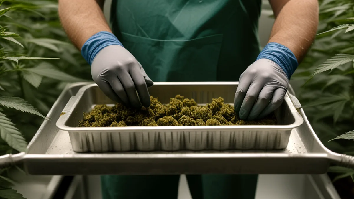 Gloved hands pause over cannabis flower and plant material in a conceptual inspection scene about the Michigan shutdown.