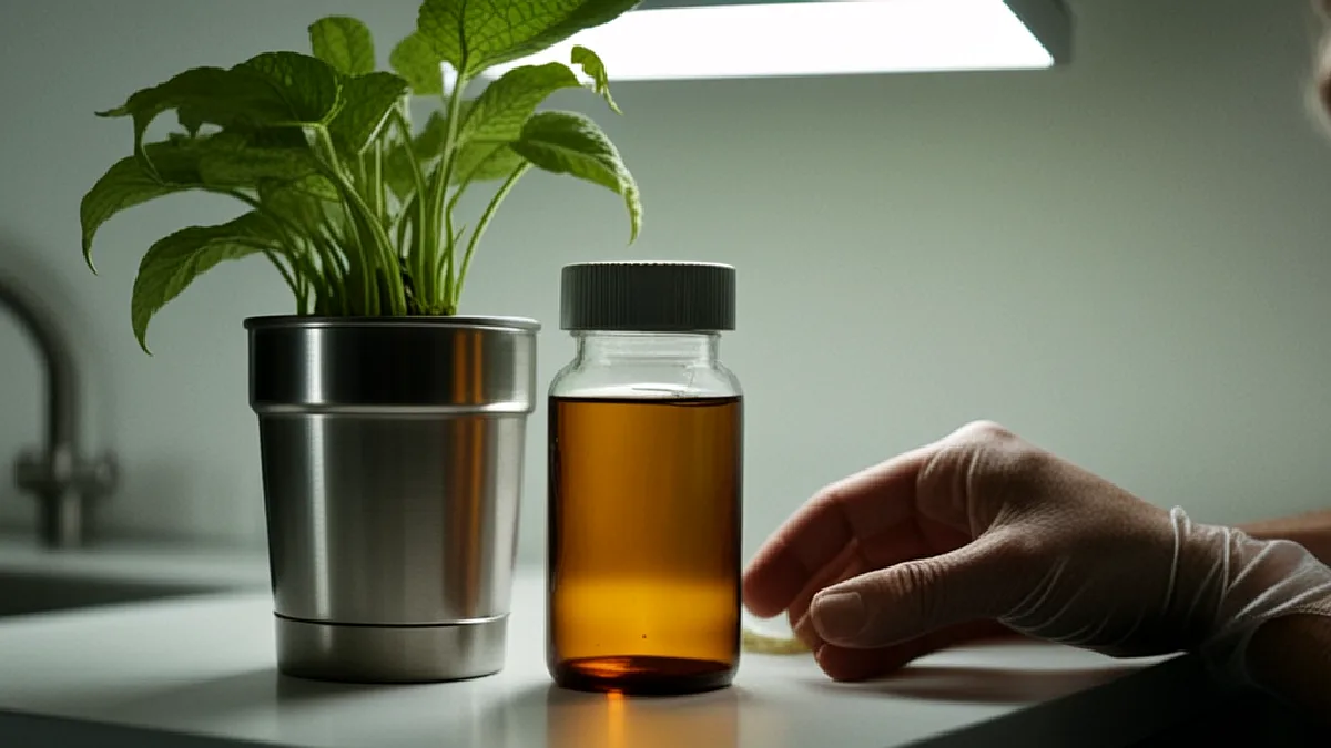 Gloved researchers handle an ibogaine specimen beside monitoring equipment for proposed clinical trials.