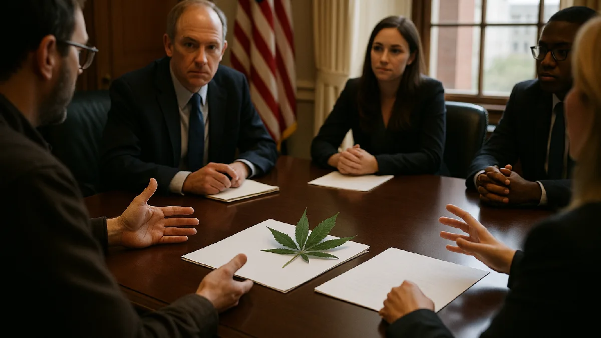 Advocates discuss medical cannabis regulation with congressional staff around a meeting table