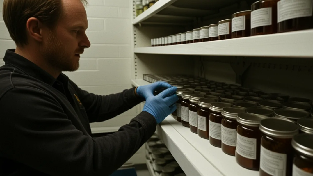 Unas manos enguantadas inspeccionan un inventario reducido de cannabis, ilustrando cómo la escasez complica las sustituciones, los menús y el cumplimiento de las entregas.